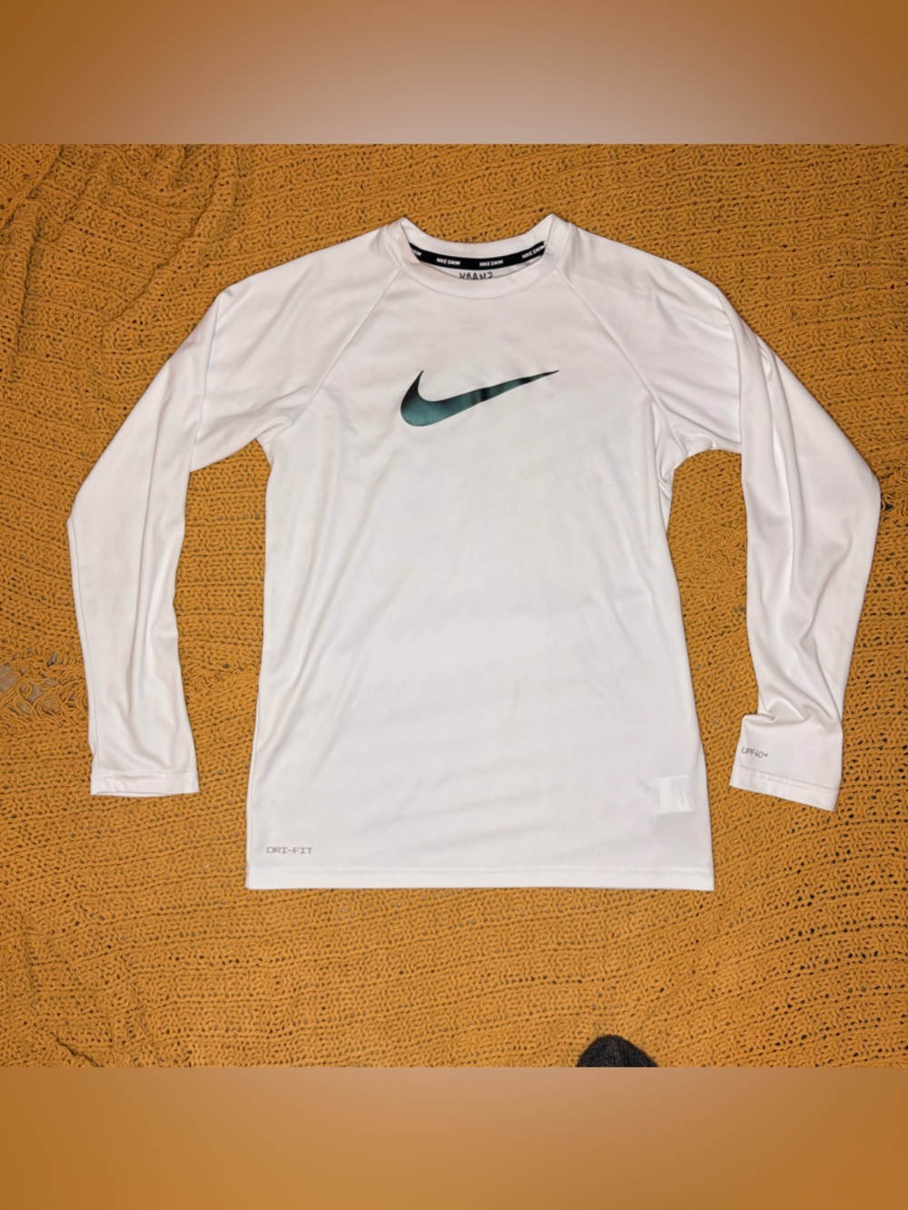 Women’s youth Nike White Long Sleeve Top with Gray Swoosh swim Rashgaurd